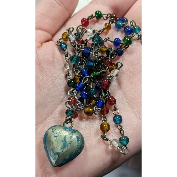 Rustic Romantic Rainbow Glass Beaded Necklace With Distressed Puffed Heart Penda - Picture 3 of 5